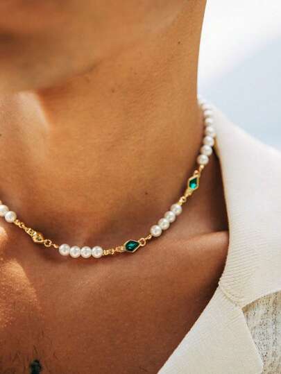 1 st Vintage grön Cubic Zirconia Inlagd Faux Pearl Necklace Herrs dagliga fritidstillbehör