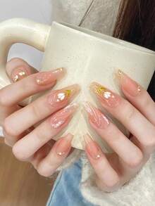 YADORNOS 10入組Y2K三維手繪光療郁金香手工貼式美甲，夏日腮紅花卉中長棺材形假指甲，破碎鑽石修飾假指甲，附有果凍膠和指甲檔的全蓋假指甲，女孩DIY美甲用品 - 彩色 - 查看 2