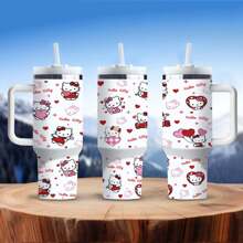 Sanrio 1 pieza Botella de agua de acero inoxidable de 40oz con asa, aislada, al vacío, con diseño lindo de Hello Kitty, portátil para viajes al aire libre (con pajita)