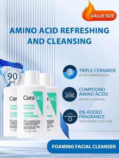 CeraVe [Mini] Espuma limpiadora facial hidratante 30ml*3 | Para piel normal a grasa | Limpia y elimina el aceite sin alterar la barrera protectora de la piel | Con 3 ceramidas esenciales, niacinamida y ácido hialurónico