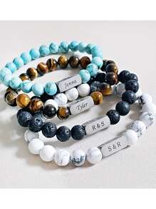 個性化刻字名字手環，時尚經典不銹鋼天然熔岩石珠寶手環，簡約個性化飾品，適用於白色石榴石和虎眼石，情侶手鏈，周年紀念或婚禮珠寶，聖誕節家庭和妻子的理想禮物 - 白松石 - 查看 2