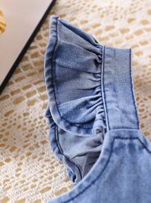 全新春夏款女婴休闲盖袖奶牛印花吊带连衣裙，可调节肩带 - 中等水洗藍 - 查看 3