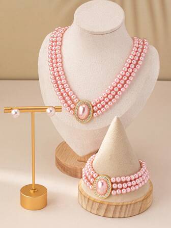 1 套女士首饰套装，时尚女士粉色仿珍珠串珠多层项链、手链、耳环套装，适合送礼派对