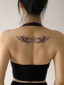 6入組暫時性紋身貼紙設計，大尺寸蝴蝶花卉圖案，適用於胸部、手臂和身體 - 黑色 - 查看 6