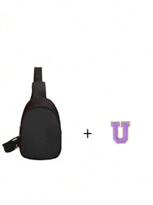 1 件迷你尼龙拉链开合时尚字母胸包，适合男孩和女孩，一体式休闲包，适合日常使用（DIY 字母贴纸） - 黑色 - 查看 25