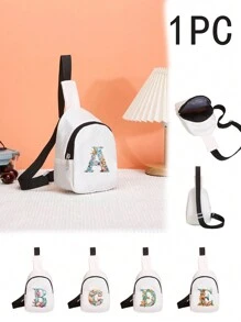 1入男女童休閒尼龍布拉鍊收口印花胸包，適合日常使用（字母位置不固定） - 白色 - 查看 2