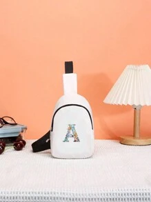 1入男女童休閒尼龍布拉鍊收口印花胸包，適合日常使用（字母位置不固定） - 白色 - 查看 7