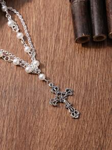 Victorian Gothic Cross  Necklace With Chain Charm Handmade Sacred Faux Pearl Beaded Layered Jewelry Mother's Day Gift For Her