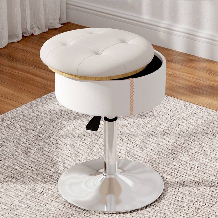 ACEQLYT Vanity Stool Vanity Chair With Storage, Makeup Chair For Vanity, Faux Leather & Velvet Vanity Stool Chair For Makeup Room Bedroom, Adjustable Swivel Round Ottoman - A: 皮白 - 查看 1