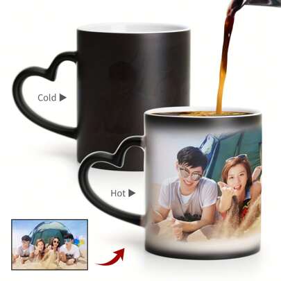 1 Piece Of Magical Color-Changing Coffee Mug - Unique Custom Design, With Heart-Shaped Handle, Custom Photos/Custom Text Optional Diy Personal Exclusive Heat-Responsive Ceramic Cup Mug, Suitable For Drinking All Year Round, Gift To Friends, Family, Loved Ones For Birthdays, Engagements, Holidays And The Perfect Personalized Gift For Special Occasions, Exclusive Christmas And Halloween Gifts ,Anti-Mold,Reusable Exquisite,Adorable,Modern,Contracted Custom,Personalized,Unique Ideal Gifts For Him Her,Boyfriend,Girlfriend,Dad,Mom,Family,Friends For Anniversaries,For Valentine's Day,For Mother's Day,For Birthdays,For Children's Day,For Father's Day,For Graduation,For Weddings,For Housewarming Dining Room,Living Room,Bedroom,Office,Tea Room,Home,School