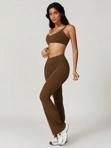 MASKERT "2-Piece Set"Women's Casual Tight Yoga Vest, Long Pants Set, High Elasticity Running Sports Set, Yoga Suit Set - 可可 - 查看 7