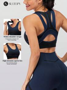 Sultopy Women's Zip Front Seamless High Impact Support Yoga Sports Bra With Removable Pads For Gym Workout Fitness - Navy Blue - View 1