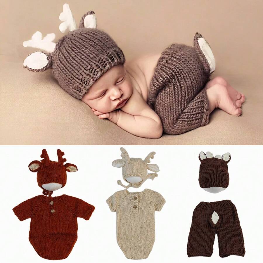2 件新生儿摄影服装婴儿鹿卡通服装婴儿针织帽裤婴儿摄影道具配件婴儿拍摄服装服装婴儿洗澡家庭装饰礼物，适用于婴儿洗澡复活节礼物，适合女孩/男孩