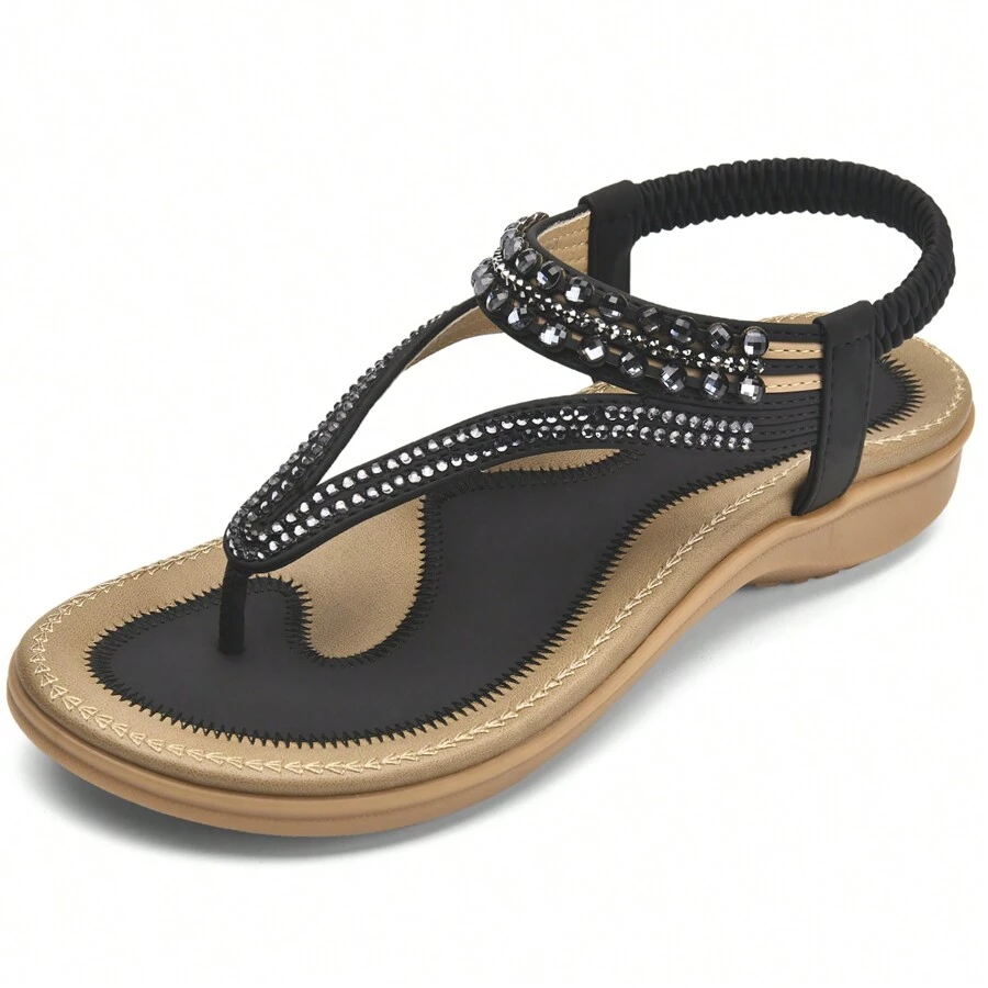 LITTLEPLUM Sandalias planas para mujer con punta abierta de diamantes de imitación, elásticas, de fácil deslizamiento, con correa trasera para caminar cómodamente y de uso casual - Negro - Ver 1