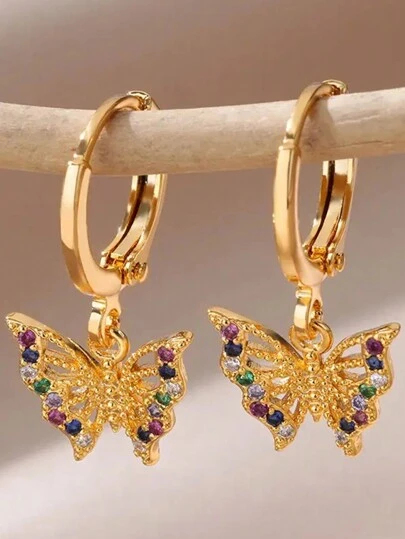 1 对女士锆石蝴蝶耳环不锈钢金色蝴蝶耳环 2024 时尚女孩 Y2K 珠宝