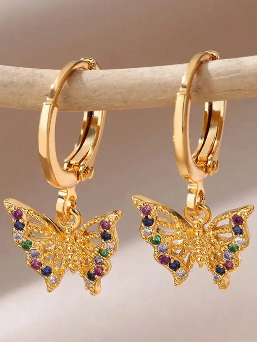 1Pair Zirconia Butterfly Earrings For Women Stainless Steel Gold Color Butterfly Earring 2024 Fashionable Girl Y2k Jewelry - Yellow Gold - View 1