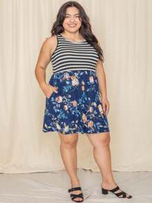 Vintage Boho Sleeveless Summer Navy Floral Shift Short Swing Aline Southern Dress | 1 XL - 3 XL Plus - Màu xanh lam - Xem 2