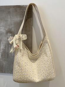 1入文藝小清新女士肩袋手提包，帆布包通用輕便釦扣，日常通勤旅行假期商務戶外學院購物聚會婚禮工作下午茶，送給朋友生日禮物實用單色帆布時尚簡約刺繡花飾優雅休閒包，適用於學生、女性、女孩、女友、白領，旅行配件 - 白色 - 查看 2