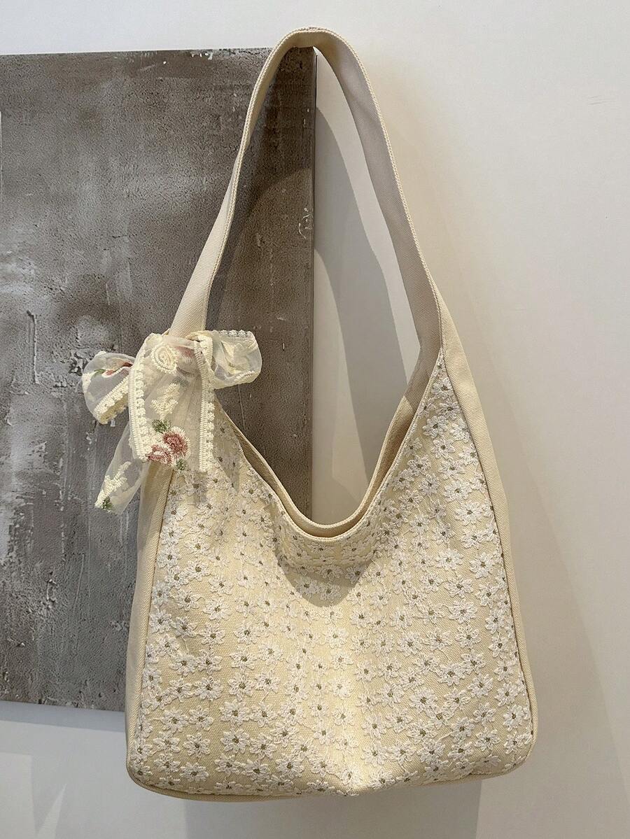 1入文藝小清新女士肩袋手提包，帆布包通用輕便釦扣，日常通勤旅行假期商務戶外學院購物聚會婚禮工作下午茶，送給朋友生日禮物實用單色帆布時尚簡約刺繡花飾優雅休閒包，適用於學生、女性、女孩、女友、白領，旅行配件