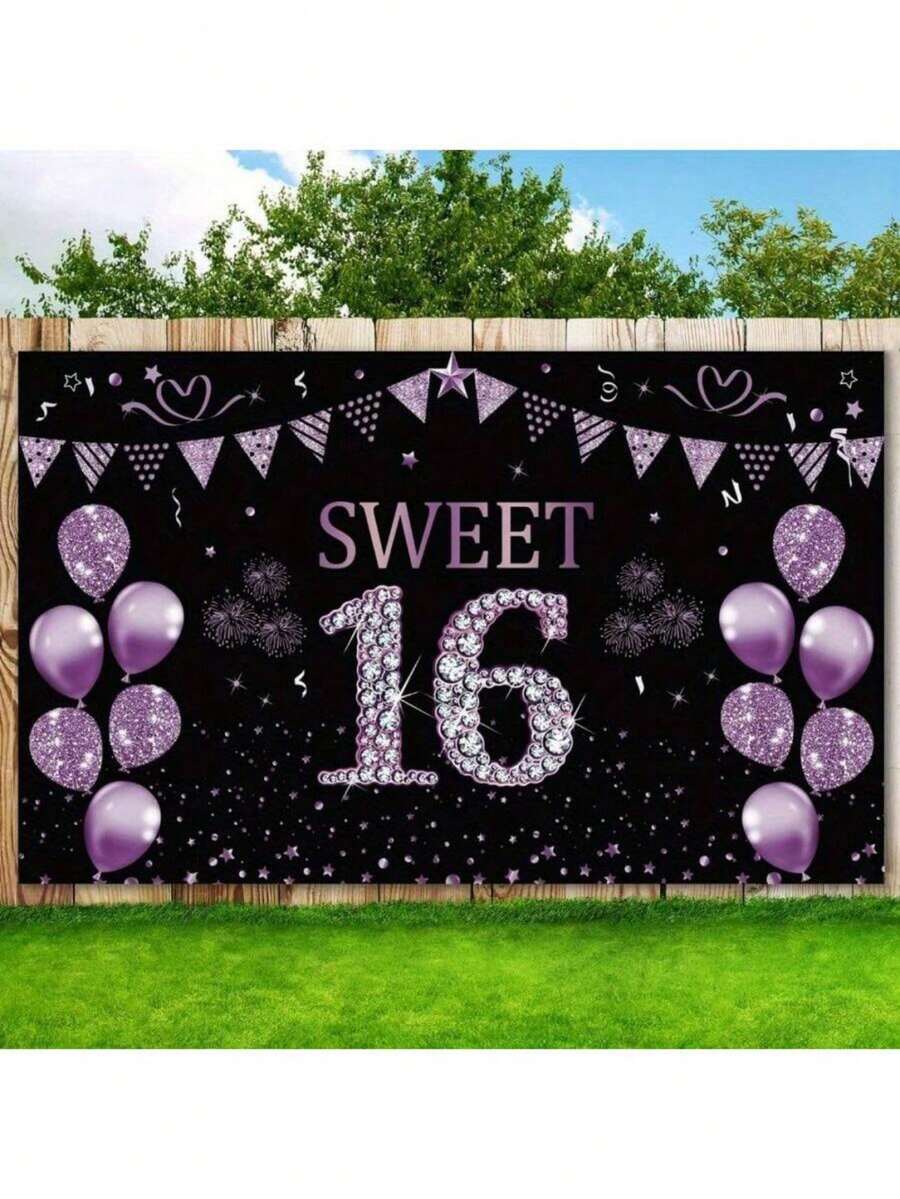 1 Peça, Faixa de Decorações de Aniversário Adolescente, Suprimentos de Sinal de Festa de Aniversário de Bottom Roxo 16 Anos, Pôster de Bottom de Foto de Bottom Dezesseis Anos, Decorações de Dezesseis Anos - Roxo - Visão 1