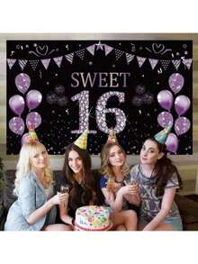1 Peça, Faixa de Decorações de Aniversário Adolescente, Suprimentos de Sinal de Festa de Aniversário de Bottom Roxo 16 Anos, Pôster de Bottom de Foto de Bottom Dezesseis Anos, Decorações de Dezesseis Anos - Roxo - Visão 5