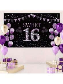 1 Peça, Faixa de Decorações de Aniversário Adolescente, Suprimentos de Sinal de Festa de Aniversário de Bottom Roxo 16 Anos, Pôster de Bottom de Foto de Bottom Dezesseis Anos, Decorações de Dezesseis Anos - Roxo - Visão 3