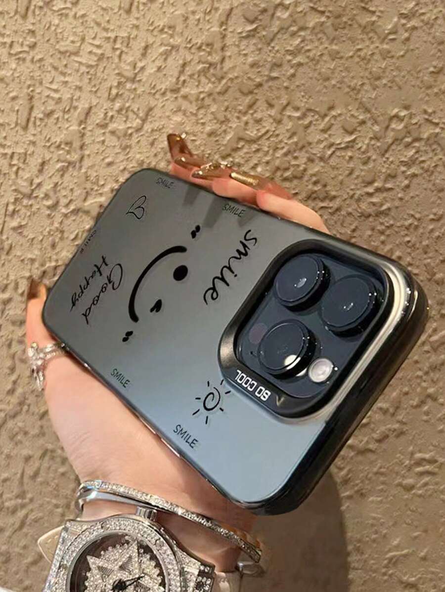 苹果阳光笑脸IMD材质透明黑彩绘星空手机壳，适用于 13/14 Pro Max/11/15 Pro Max，防水防震防摔防刮 - 彩色 - 查看 1