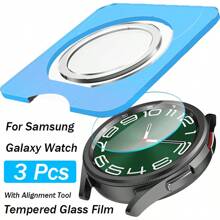 3 piezas de vidrio templado compatible con Samsung Galaxy Watch Ultra 8 7 6 FE Classic 5 Pro 4 de 40mm, 43mm, 44mm y 47mm, protector de pantalla con herramienta de alineación y kit de instalación fácil