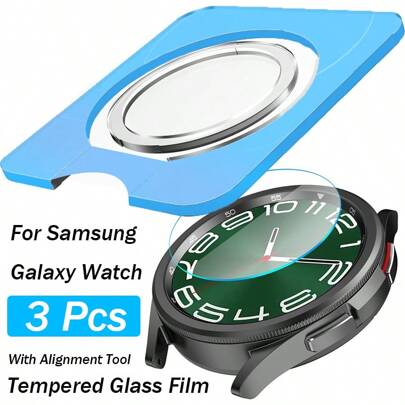 3 piezas de vidrio templado compatible con Samsung Galaxy Watch Ultra 8 7 6 FE Classic 5 Pro 4 de 40mm, 43mm, 44mm y 47mm, protector de pantalla con herramienta de alineación y kit de instalación fácil