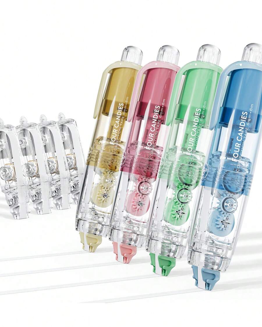 4PCS/2PCS Refillable Retractable White Out Correction Tape, Colorful Mini Aesthetic Pen Shaped Quick Dry Easy To Use Cute White Out With 4 Extra Refills For Students School Office Supplies - 彩色 - 查看 1