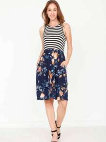 Vintage Boho Sleeveless Summer Navy Floral Shift Short Swing Aline Southern Dress | 1 XL - 3 XL Plus - Màu xanh lam - Xem 4