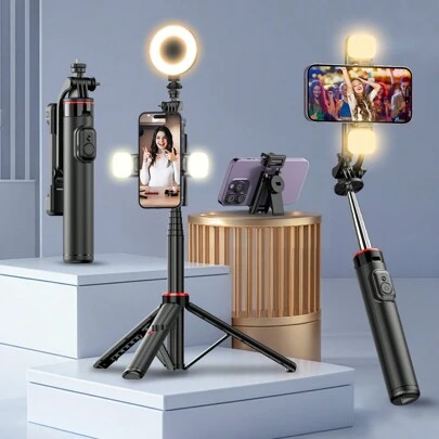 AXNEN Gậy selfie kiêm chân máy cầm tay 51 inch với đèn LED, xoay 360°, giá đỡ điện thoại có thể tháo rời, chân máy điện thoại đa chức năng có thể kéo dài với điều khiển chụp ảnh từ xa không dây, tương thích với điện thoại/máy ảnh/GoPro hệ điều hành iOS và Android.