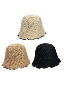 1pc Women's Handmade Woven Foldable Beach Hat, Breathable Sun Protection Bucket Hat, Spring/Summer - Khaki - View 6