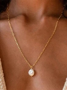 1pc Fashion Stainless Steel Y-Shaped Necklace With Asymmetrical Pearl Pendant, Freshwater Pearl Necklace