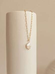 1pc Fashion Stainless Steel Y-Shaped Necklace With Asymmetrical Pearl Pendant, Freshwater Pearl Necklace