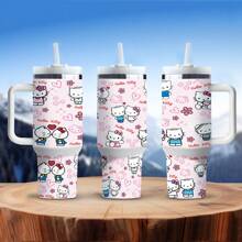 Sanrio 1 pieza Botella de agua de acero inoxidable de 40oz con asa, aislada, al vacío, con diseño lindo de Hello Kitty, portátil para viajes al aire libre (con pajita)