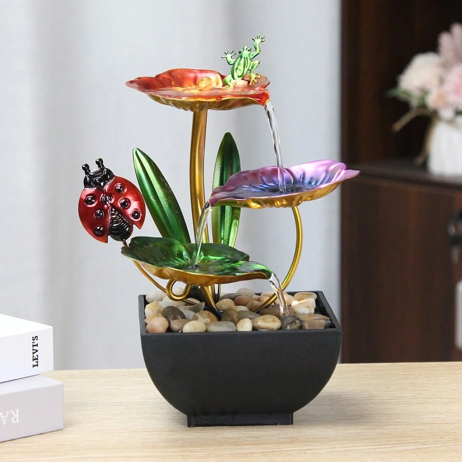 USB Powered 3 Layer Tabletop Fountain With Insect-Shaped Metal Pedal, Natural River Rocks And Reflective Lighting! Suitable For Home And Office Decoration - Color - View 1