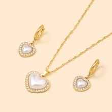 3入組歐美派對熱銷18k金鍍鈦鋼珍珠鑽石嵌入心形吊墜項鍊耳環，奢華優雅幸運女神生日禮物套裝。法式復古重型3D心形高級多功能風格女士閨蜜假日派對情人節珠寶套裝 - 金白色 - 查看 7