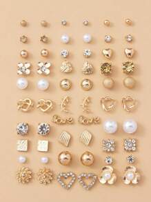30pairs Fashionable CZ Pearl Heart Shaped Ear Studs Set With Metal Flower & Geometric Design, Suitable For Women To Wear Daily, A Gift For Holidays Or Jewelry Accessory Valentines,Mom,Mother,Mother's Day,Gift - Yellow Gold - View 18