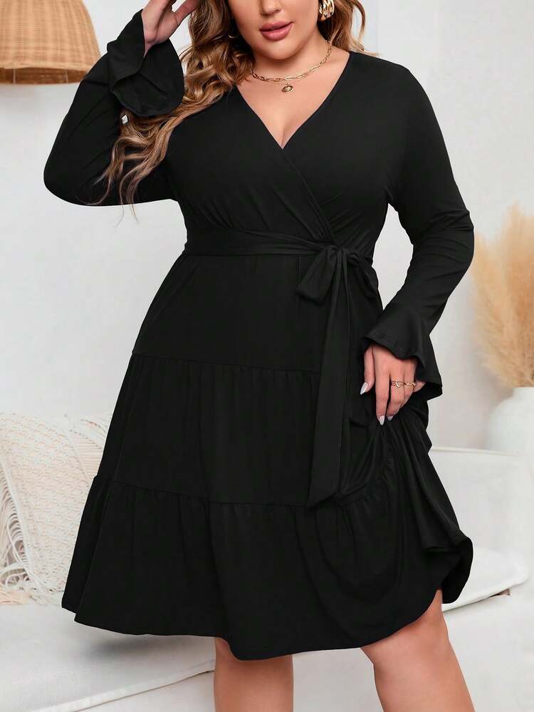 Women Plus Size V Neck Wrap Dress High Waist Ruffle Long Sleeves Casual Midi Belt Dress - Black - View 6