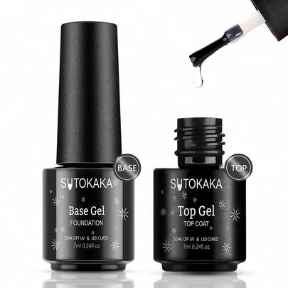 Bộ 2 sơn gel móng tay, gồm lớp sơn lót và lớp sơn phủ, 7ml, siêu bóng, dễ tẩy rửa, bền màu, thích hợp cho đèn UV/LED, bộ dụng cụ làm móng tại nhà, quà tặng cho phụ nữ.