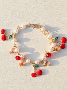 Pulsera de corazón, fresa y cereza con perlas falsas, ideal para el Día de San Valentín - Pulsera de Perlas Love Fresa Cereza - Ver 6