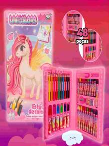 1ps,minina ,minino preto ou verde dinosulo Maleta de Pintura variado corvendo. Desenhos Infantil Com 48 Peças Estojo Para  : .  Cores e estilos aleatórios - Rosa chiclete - Visão 1