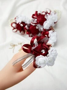 1pc Wrist Corsage For Bride Bridesmaids Wedding , Artificial Burgundy Silk Rose&Faux Pearls Wrist Corsage For Women Girl Wedding Decor, Foam Rose Wrist Corsage For Bridal Shower, Prom Party Ceremony Anniversary Decor Valentine's Day - Burgundy - View 2