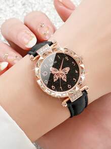 Women's Fashionable Butterfly Dial Quartz Watch With Rhinestone-Studded Belt, 3pcs/Set As A Gift For Students Returning To School - Multicolor - View 2