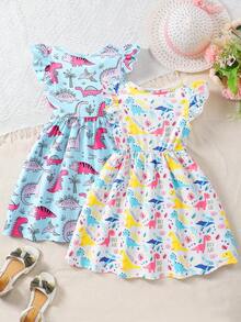 [Conjunto de 2 piezas] Vestido de niña joven de manga corta con estampado de dinosaurios coloridos para verano - Verde - Ver 2