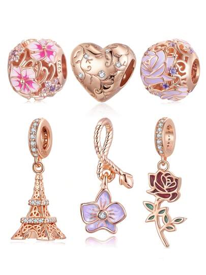 WOSTU 1pc 925 Sterling Silver Romantic Purple Rose,Pink Sakura&Heart-Shaped Charm Beads Phalaenopsis,Eiffel Tower And Red Rose Pendant Inlaid Cubic Zirconia Plated Rose Gold For Women DIY Bracelet And Necklace Gift For Mom,Friend,Girl