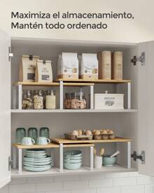 SONGMICS Estante para Especias, Juego de 2, Organizador de Armario, Estante de Almacenamiento de Cocina Extensible, Especiero de Metal y Madera de Ingeniería, Negro Tinta y Marrón Rústico/Blanco Nube yBeige Natural - Beis - Ver 2