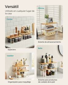 SONGMICS Estante para Especias, Juego de 2, Organizador de Armario, Estante de Almacenamiento de Cocina Extensible, Especiero de Metal y Madera de Ingeniería, Negro Tinta y Marrón Rústico/Blanco Nube yBeige Natural - Beis - Ver 4