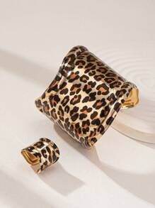 1 Set Animal Leopard Print Cuff Bangle Chunky Ring Bracelet Set For Women